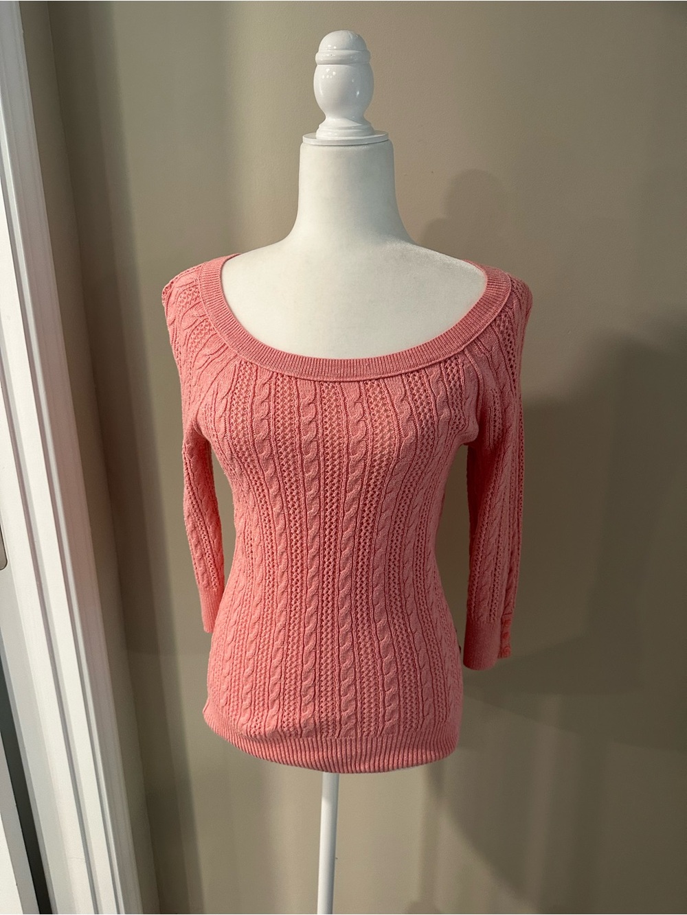 American Eagle Outfitters Coral Pink Off-Shoulder Cable Knit Top